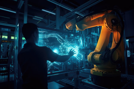 Engineer check and control welding robotics automatic arms machine in intelligent factory with monitoring system software. digital manufacturing operation. industry. Generative AIの素材