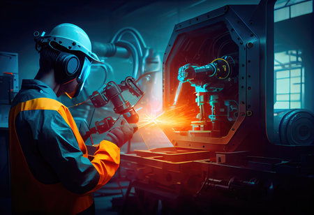 Engineer check and control welding robotics automatic arms machine in intelligent factory with monitoring system software. digital manufacturing operation. industry. Generative AIの素材