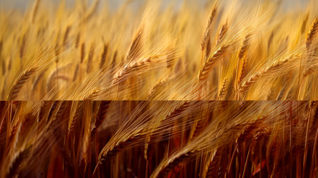 Field of golden ripe wheat, swaying in the wind, against a blue sky with fluffy white clouds. Generative AIの素材