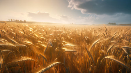 Field of golden ripe wheat, swaying in the wind, against a blue sky with fluffy white clouds. Generative AIの素材