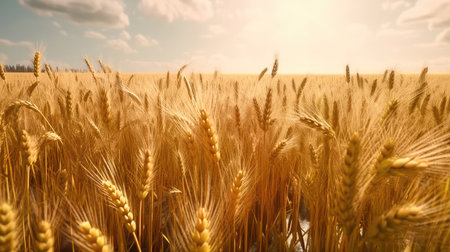 Field of golden ripe wheat, swaying in the wind, against a blue sky with fluffy white clouds. Generative AIの素材
