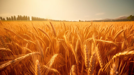 Field of golden ripe wheat, swaying in the wind, against a blue sky with fluffy white clouds. Generative AIの素材