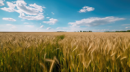 Field of golden ripe wheat, swaying in the wind, against a blue sky with fluffy white clouds. Generative AIの素材