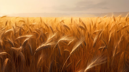 Field of golden ripe wheat, swaying in the wind, against a blue sky with fluffy white clouds. Generative AIの素材