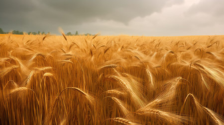 Field of golden ripe wheat, swaying in the wind, against a blue sky with fluffy white clouds. Generative AIの素材