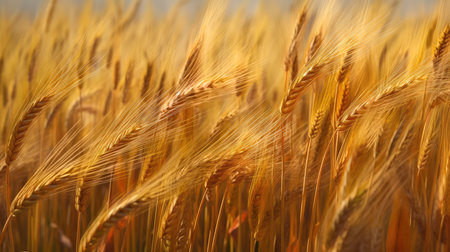 Field of golden ripe wheat, swaying in the wind, against a blue sky with fluffy white clouds. Generative AIの素材