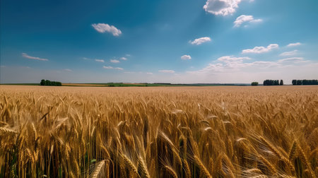 Field of golden ripe wheat, swaying in the wind, against a blue sky with fluffy white clouds. Generative AIの素材