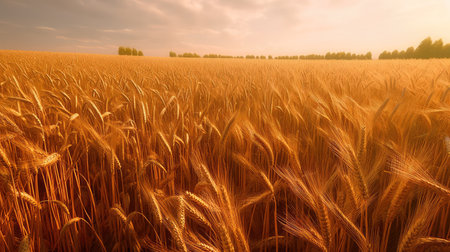Field of golden ripe wheat, swaying in the wind, against a blue sky with fluffy white clouds. Generative AIの素材