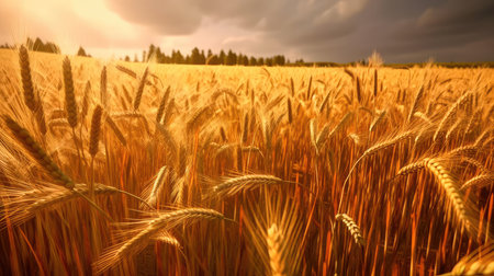 Field of golden ripe wheat, swaying in the wind, against a blue sky with fluffy white clouds. Generative AIの素材