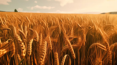 Field of golden ripe wheat, swaying in the wind, against a blue sky with fluffy white clouds. Generative AIの素材