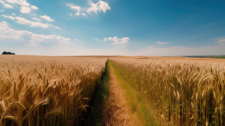 Field of golden ripe wheat, swaying in the wind, against a blue sky with fluffy white clouds. Generative AIの素材