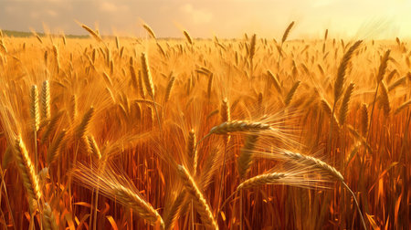 Field of golden ripe wheat, swaying in the wind, against a blue sky with fluffy white clouds. Generative AIの素材
