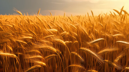 Field of golden ripe wheat, swaying in the wind, against a blue sky with fluffy white clouds. Generative AIの素材
