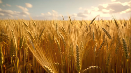 Field of golden ripe wheat, swaying in the wind, against a blue sky with fluffy white clouds. Generative AIの素材