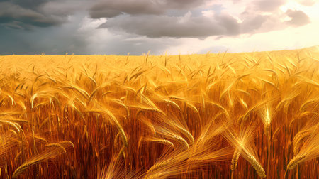 Field of golden ripe wheat, swaying in the wind, against a blue sky with fluffy white clouds. Generative AIの素材
