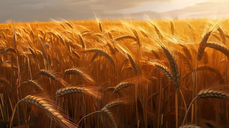 Field of golden ripe wheat, swaying in the wind, against a blue sky with fluffy white clouds. Generative AIの素材