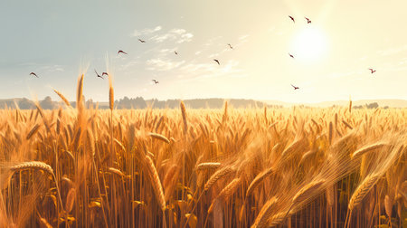 Field of golden ripe wheat, swaying in the wind, against a blue sky with fluffy white clouds. Generative AIの素材