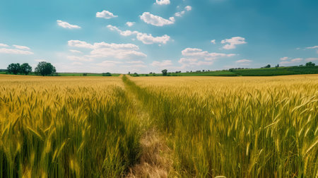 Field of golden ripe wheat, swaying in the wind, against a blue sky with fluffy white clouds. Generative AIの素材