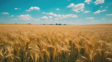 Field of golden ripe wheat, swaying in the wind, against a blue sky with fluffy white clouds. Generative AIの素材