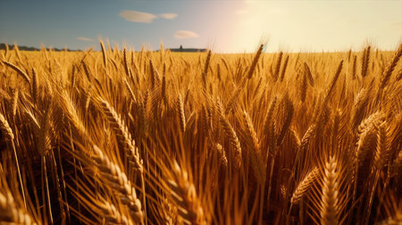 Field of golden ripe wheat, swaying in the wind, against a blue sky with fluffy white clouds. Generative AIの素材