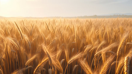 Field of golden ripe wheat, swaying in the wind, against a blue sky with fluffy white clouds. Generative AIの素材