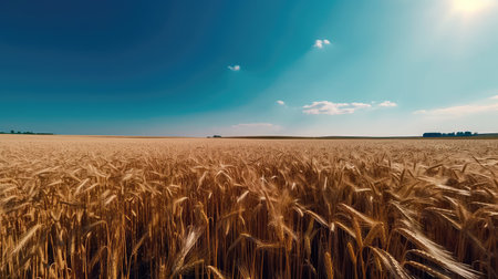 Field of golden ripe wheat, swaying in the wind, against a blue sky with fluffy white clouds. Generative AIの素材