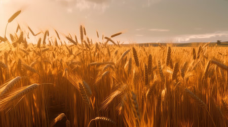 Field of golden ripe wheat, swaying in the wind, against a blue sky with fluffy white clouds. Generative AIの素材