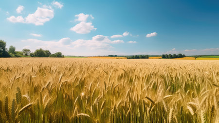 Field of golden ripe wheat, swaying in the wind, against a blue sky with fluffy white clouds. Generative AIの素材