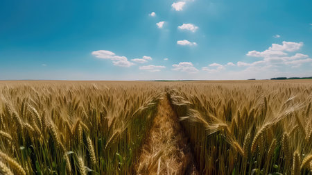 Field of golden ripe wheat, swaying in the wind, against a blue sky with fluffy white clouds. Generative AIの素材