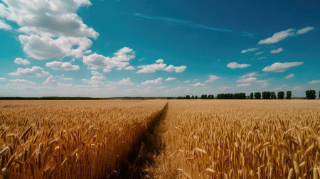 Field of golden ripe wheat, swaying in the wind, against a blue sky with fluffy white clouds. Generative AIの素材