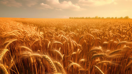 Field of golden ripe wheat, swaying in the wind, against a blue sky with fluffy white clouds. Generative AIの素材