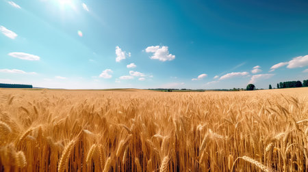 Field of golden ripe wheat, swaying in the wind, against a blue sky with fluffy white clouds. Generative AIの素材