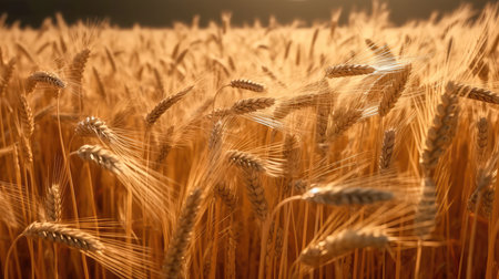 Field of golden ripe wheat, swaying in the wind, against a blue sky with fluffy white clouds. Generative AIの素材