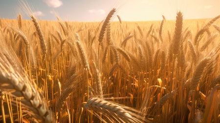 Field of golden ripe wheat, swaying in the wind, against a blue sky with fluffy white clouds. Generative AIの素材