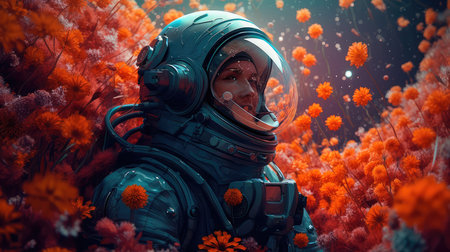 Woman astronaut on an alien planet, standing surrounded by flowers, in dark orange tones. In the style of spatial concept art. Generative AIの素材
