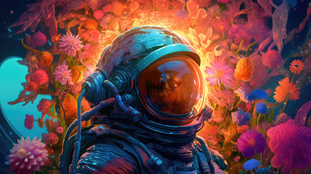Woman astronaut on an alien planet, standing surrounded by flowers, in dark orange tones. In the style of spatial concept art. Generative AIの素材