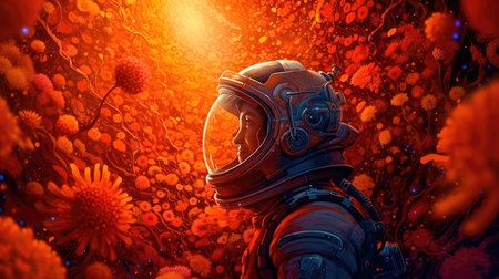 Woman astronaut on an alien planet, standing surrounded by flowers, in dark orange tones. In the style of spatial concept art. Generative AIの素材