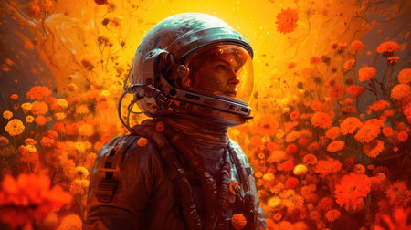 Woman astronaut on an alien planet, standing surrounded by flowers, in dark orange tones. In the style of spatial concept art. Generative AIの素材