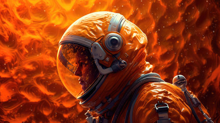 Woman astronaut on an alien planet, standing surrounded by flowers, in dark orange tones. In the style of spatial concept art. Generative AIの素材