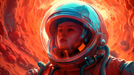 Woman astronaut on an alien planet, standing surrounded by flowers, in dark orange tones. In the style of spatial concept art. Generative AIの素材