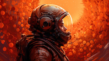 Woman astronaut on an alien planet, standing surrounded by flowers, in dark orange tones. In the style of spatial concept art. Generative AIの素材