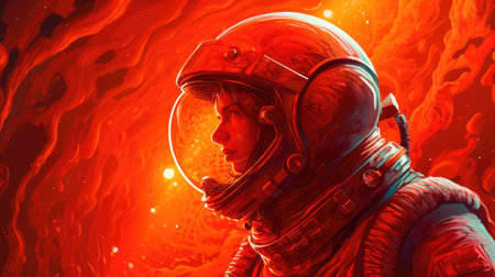 Woman astronaut on an alien planet, standing surrounded by flowers, in dark orange tones. In the style of spatial concept art. Generative AIの素材