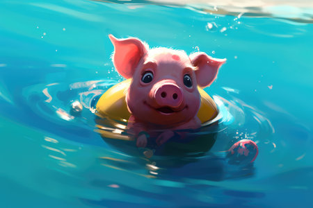 Cute little piglet floating in the ocean on an inflatable circle on a sunny day. Generative AIの素材