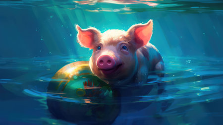 Cute little piglet floating in the ocean on an inflatable circle on a sunny day. Generative AIの素材