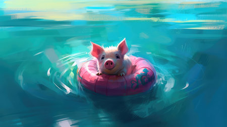 Cute little piglet floating in the ocean on an inflatable circle on a sunny day. Generative AIの素材
