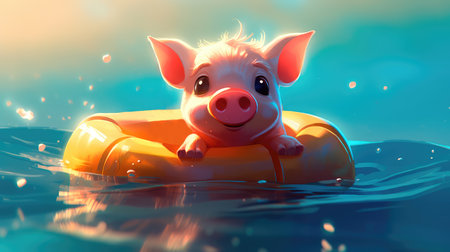 Cute little piglet floating in the ocean on an inflatable circle on a sunny day. Generative AIの素材