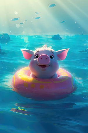 Cute little piglet floating in the ocean on an inflatable circle on a sunny day. Generative AIの素材
