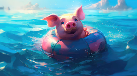 Cute little piglet floating in the ocean on an inflatable circle on a sunny day. Generative AIの素材