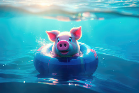 Cute little piglet floating in the ocean on an inflatable circle on a sunny day. Generative AIの素材