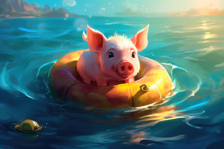 Cute little piglet floating in the ocean on an inflatable circle on a sunny day. Generative AIの素材